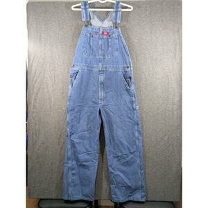 Dickies Mens Denim Bib Overalls Jeans Blue Carpenter Size 32 x 26 - Hemmed